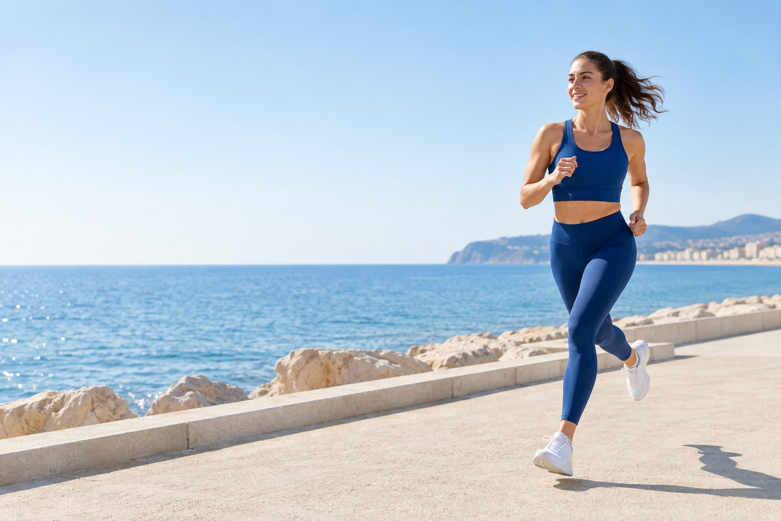 Runner on a sunlit coastal path beside the blue sea