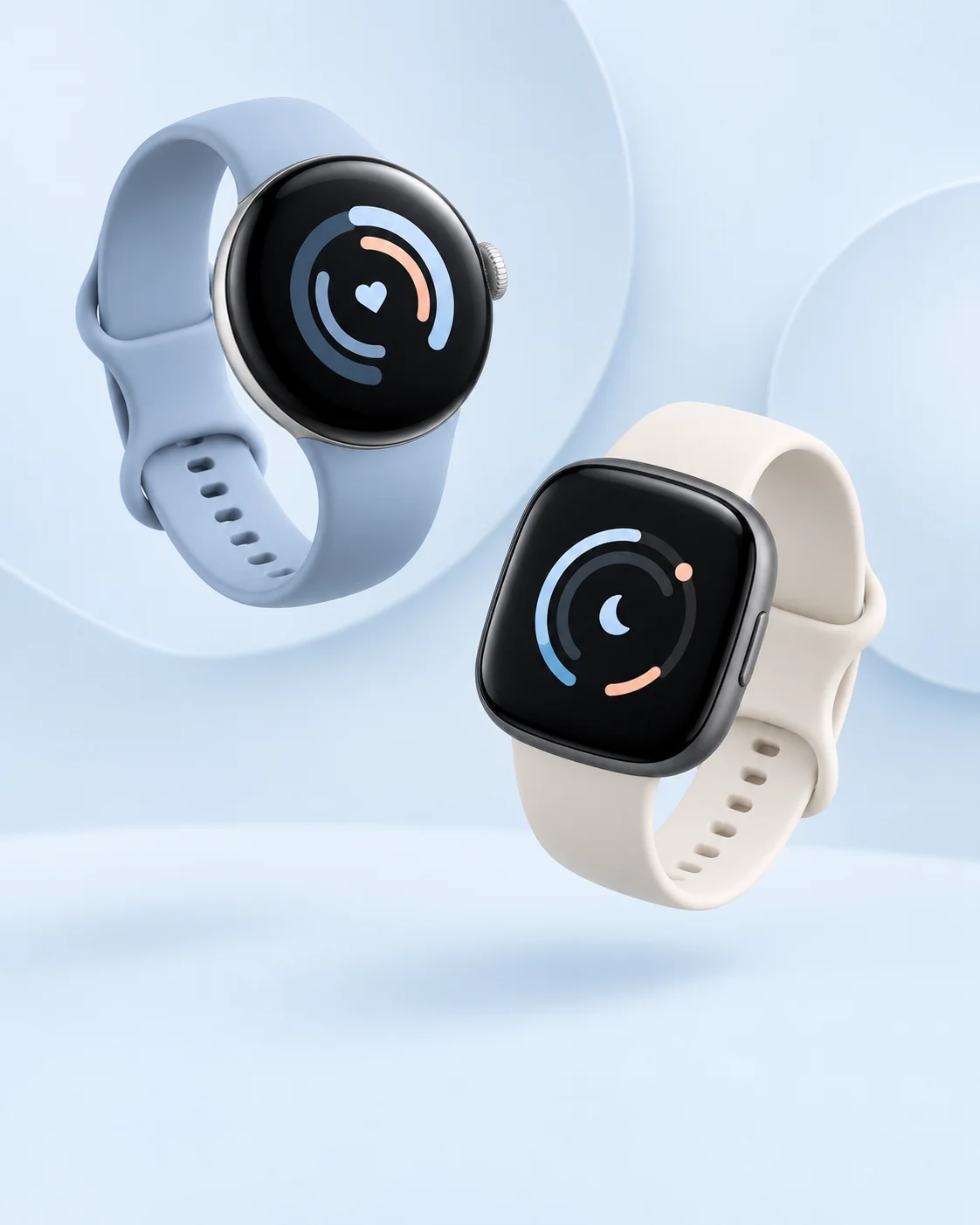 Stylized Google Pixel Watch with a blue band and Fitbit watch with a cream band